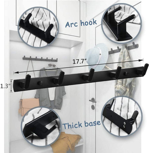 Spotcact Wall Mounted Coat Racks with 5 Hooks Hanging Holder Towel Rack 17.7"x1.3" Modern Black Hanging for Clothes Entryway Bathroom (5 Hooks)