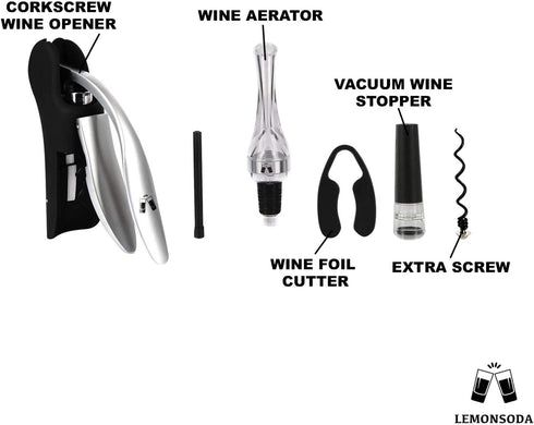 LEMONSODA Screwpull Lever Wine Bottle Opener Set - Corkscrew Wine Opener, Foil Cutter, Wine Pourer, Vacuum Wine Stopper, Extra Spiral - Cool Metal Cork Remover and Wine Tools for Easy Bottle Opening