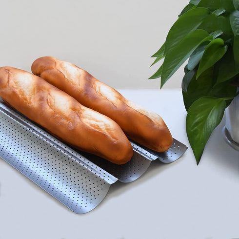 GGC Baguette Pan, Nonstick Perforated French Bread Pan for Baking, Silver Food Grade Coating, Baguette French Baking Pan Has Fast Heat Conduction to Cook 3-Wave Crispy Breads Loaves (15" x 9.5")
