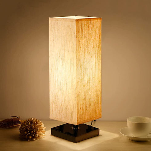 Small Bedside Table Lamp, Minimalist Solid Wood Bedroom Lamp with Square Fabric Shade for Nightstand, Dresser, Living Room, Kids Room, Dorm, Office