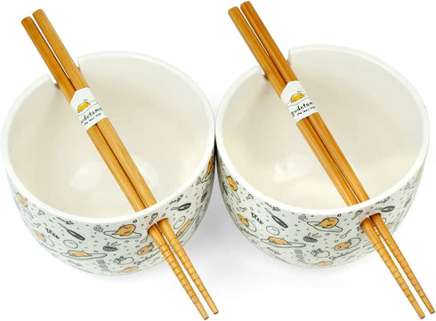 Gudetama Bowl & Chopstick Set - Includes 2 Ceramic Ramen or Rice Bowls & Wooden Chopsticks With Cute Sanrio Lazy Egg Design