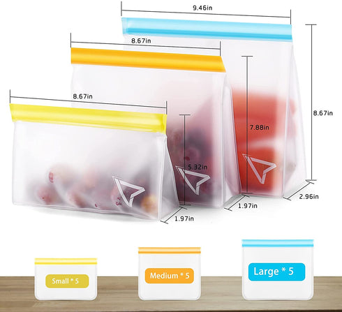 Reusable Storage Bags, 15 Pack BPA Free Stand Up Food Storage Bags, Reusable Food Storage Bags, 5 Reusable Gallon Bags+5 Leakproof Reusable Sandwich Bags+5 Reusable Food Grade Kids Snack Bags