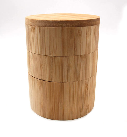 Dtacke Bamboo Salt Box Round Bamboo Jar Salt and Spices Storage Container Spice Container 3-Tier Bamboo Wood Container, Divided Spice Holder