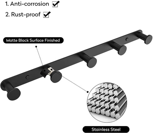 BigBig Home Black Bathroom Towel Hook, Coat Rack with 5 Hooks Wall Mount Matte Black Robe Hanger Heavy Duty Stainless Steel, 13 Inch