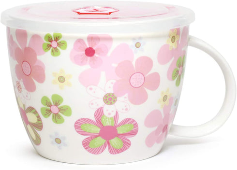 Microwavable Ceramic Noodle Bowl with Handle and Seal Fine Porcelain Floral Design (CherryBlossom)