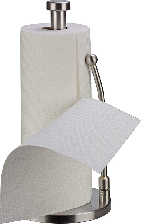 paper towel holder stainless steel - easy to tear paper towel dispenser - weighted base - adjustable spring arm to hold any type of paper towels - fits in kitchen or for bathroom paper towel holder