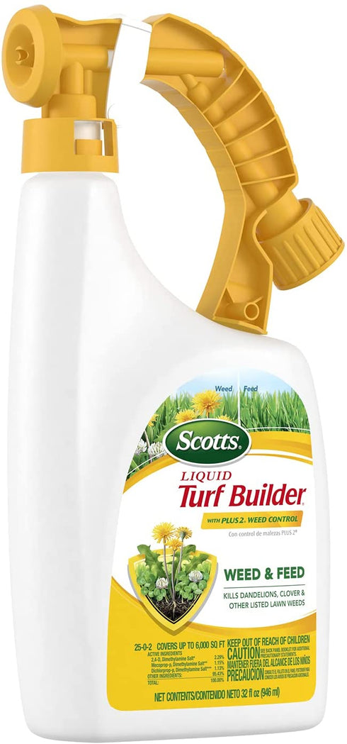 Scotts Liquid Turf Builder with Plus 2 Weed Control Fertilizer, 32 fl. oz. - Weed and Feed - Kills Dandelions, Clover and Other Listed Lawn Weeds - Covers up to 6,000 sq. ft.