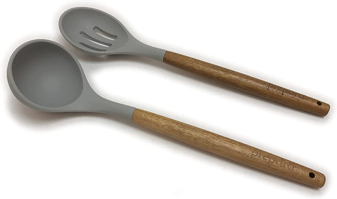 Prepara Acacia and Silicone Soup Ladle and Slotted Spoon Set Cooking Utensils, set of 2, Pewter Grey
