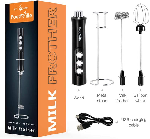 FoodVille MF02 Rechargeable Milk Frother Handheld Foam Maker with Stainless Whisk for Cappuccino, Latte, Bulletproof Coffee, Keto Diet, Protein Powder, Matcha