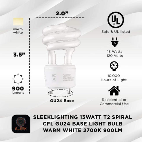 SleekLighting 13Watt T2 Spiral CFL GU24 Light Bulb Base 2700K 900lm -UL Approved,Compact Fluorescent -Warm White Light 4pack