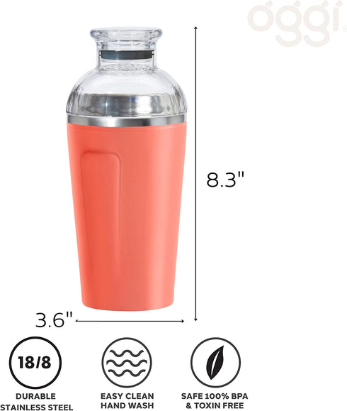 OGGI Groove Insulated Cocktail Shaker-17oz Double Wall Vacuum Insulated Stainless Steel Shaker, Tritan Lid has Built In Strainer, Ideal Cocktail Mixer, Martini Shaker, Margarita Shaker, Coral
