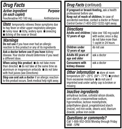 HealthA2Z Fexofenadine Hydrochloride 180mg, Antihistamine for Allergy Relief ,Non-Drowsy,24-Hour, 120 Count Coated Caplets,Compare to Allegra Active Ingredient