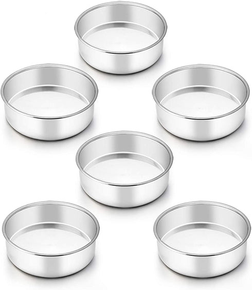 TeamFar 6 Inch Cake Pan, 6 Pcs Cake Pan Set Round Baking Pan Stainless Steel for Baking Steaming Serving, Fit in Oven Pressure Cooker Air Fryer, Healthy & Heavy Duty, Easy Clean & Dishwasher Safe