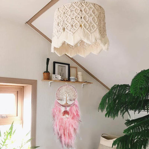 Dream Catcher, Handmade Dreamcatcher with Healing Crystal Stone, Tree of Life Dream Catchers Hanging Ornament for Home Bedroom Birthday Party, Perfect Craft Gift for Kids (Double Pink)