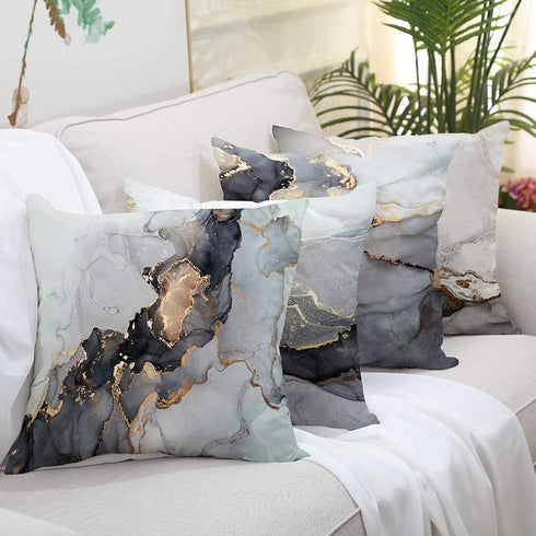 GALMAXS7 Marble Texture Black and Gold Silver Decorative Throw Pillow Covers Luxury Abstract Fluid Art Ink Soft Velvet Pillow Case Square Cushion Covers for Couch Living Room 18 x 18 Inch Set of 4