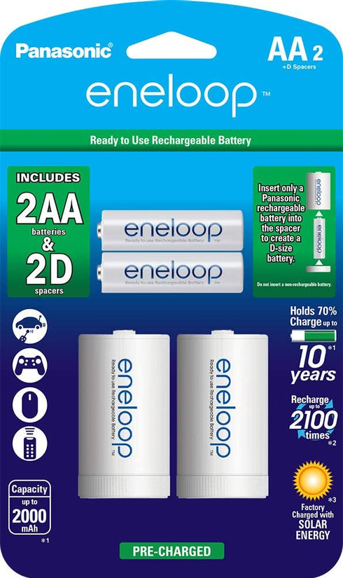 eneloop Panasonic K-KJS1MCA2BA D Size-Battery with eneloop-Batteries AA-Rechargeable 2100-Pre-Charged Cycle Ni- MH , 2 Pack with 2 "D"