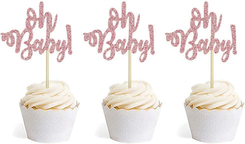 Rose Gold Glitter Oh Baby Cake Cupcake Toppers Picks for Baby Shower Birthday Wedding Party Decorations 24 PCS