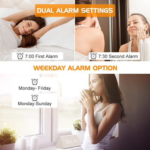 MOSITO Wooden Digital Alarm Clock with 0-100% Dimmer, Dual Alarm, Weekday /Weekend Mode, Snooze, Wood Made LED Clocks for Bedroom, Bedside, Desk, Kids (White)