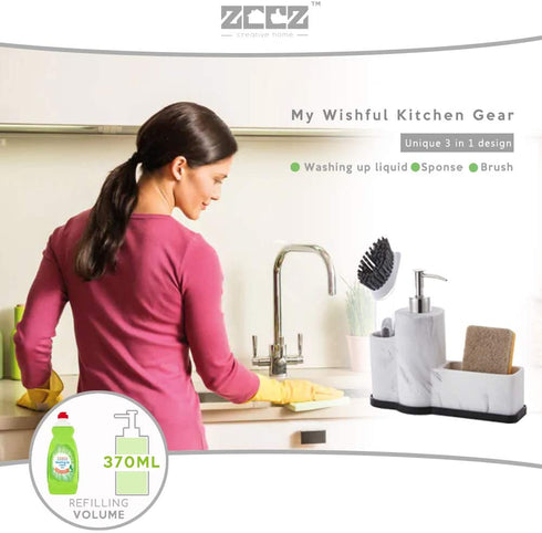 zccz Soap Dispenser with Sponge Holder and Brush Holder, Marble Pattern Kitchen Dish Soap Dispenser Pump Bottle Countertop Sink Caddy Bathroom Organizer Sponge Holder for Sink Storage and Organization