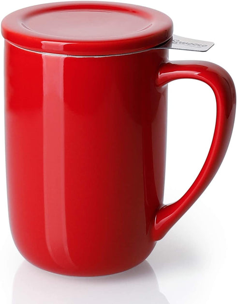 Sweese 203.104 Ceramic Tea Mug with Infuser and Lid, Single Cup Loose Tea Brewing System, Draw Your Own Design, 16 OZ, Red