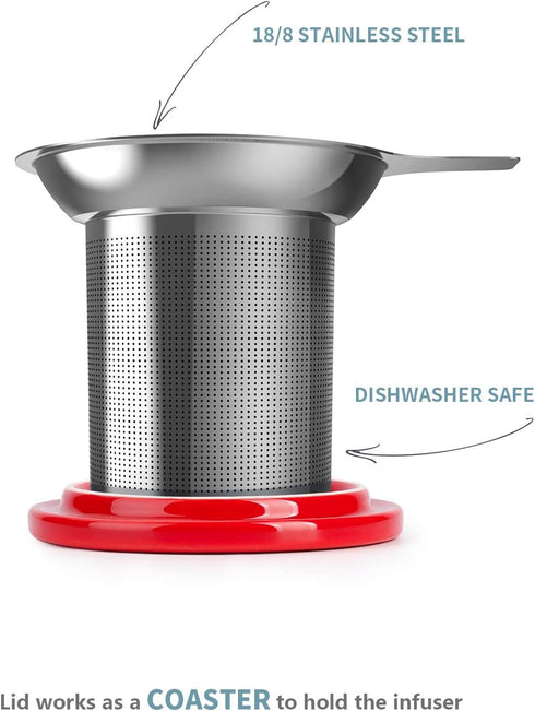 Sweese 203.104 Ceramic Tea Mug with Infuser and Lid, Single Cup Loose Tea Brewing System, Draw Your Own Design, 16 OZ, Red