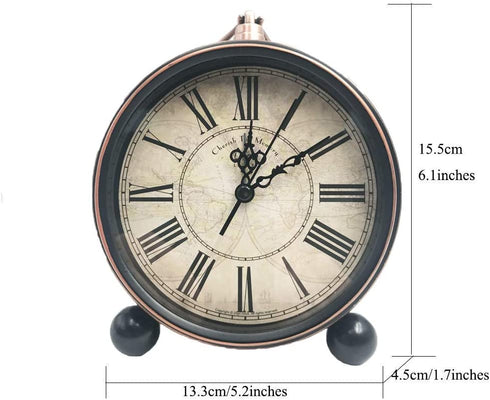 JUSTUP 5.2" Classic Retro Clock, European Style Vintage Silent Desk Alarm Clock Non Ticking Quartz Movement Battery Operated, HD Glass Lens, Easy to Read (SZ03)