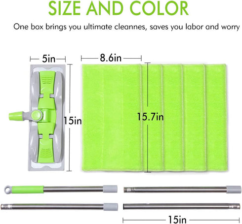 ITSOFT Microfiber Hardwood Floor Mop - Stainless Steel Handle with Extension and 5 Reusable Mop Pads, for Wet or Dry Floor Cleaning, Green