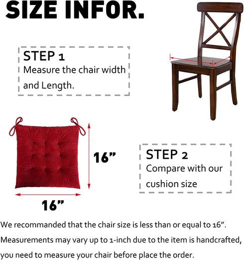 ELFJOY Set of 4 Solid Square 16 x 16 Tufted Chair Pads Indoor Seat Cushions Pillows with Ties (Burgundy)