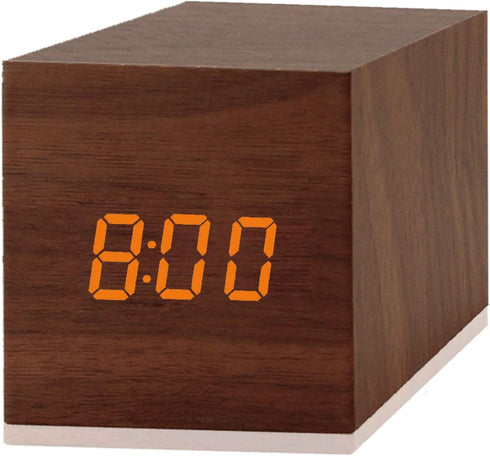 Digital Alarm Clock, with Wooden Electronic LED Time Display, 3 Alarm, 2.5-inch Cubic Small Mini Wood Made Electric Clocks for Bedroom, Bedside, Desk, Brown
