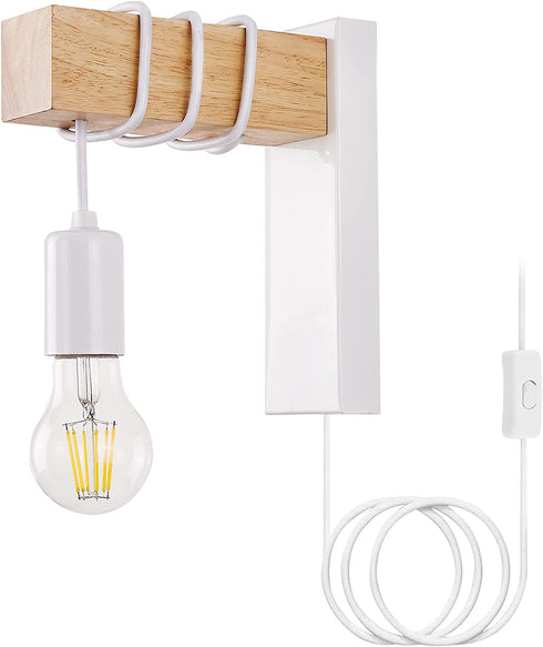 VANSINTEK LED Wall Sconce, E26 Wall Lamp for Bedroom Bedside Reading Sconces Industrial Wall Mounted Lighting Modern Wood White with On/Off Switch Decor Wall Lamp with Plug in Cord(Bulb Excluded)
