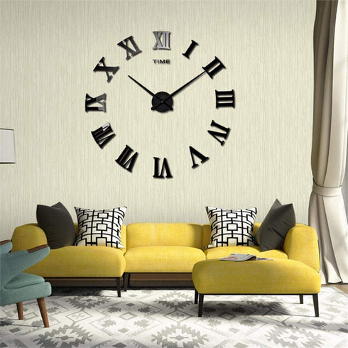 Mila 3D Frameless Wall Clock Large DIY Wall Sticker Decorations for Living Room Bedroom Office (Black)