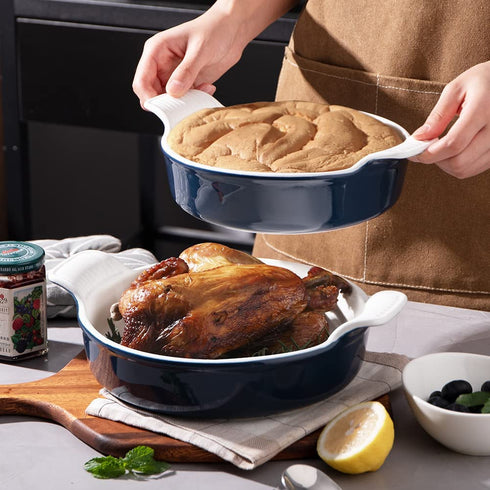 SWEEJAR Ceramic Baking Dish, 8 Inches Cake Baking Pan for Brownie, Porcelain Round Bakeware with Double Handle for Casserole, Lasagna, Family Dinner (Navy)