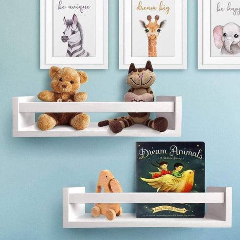 AHDECOR Nursery Room Bookshelf Wall Mount White Floating Shelves, Display Wall Shelf for Kids Romm, Kitchen Spice Rack, Bathroom Decor, Book Shelves Organizer or Baby Nursery, Set of 2, 15 inch