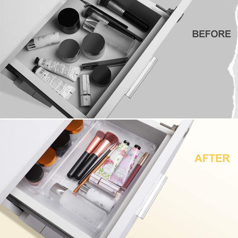 Kootek 4 Pack Large Size Desk Drawer Organizer Tray Rectangle Plastic Bathroom Organizers Kitchen Utensils Silverware Gadgets Trays Dividers Bins for Dresser Cosmetic Makeup Tools Office Cabinets