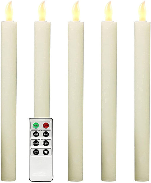 Rhytsing 10" Ivory Flameless Taper Candles with Timer, Battery Operated Dinner Candles, Push-Activated, Textured Wax Finish, Warm White Light, Remote & Batteries Included - Set of 5