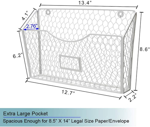 PAG 3 Pockets Hanging File Holder Wall Mount Mail Organizer Metal Chicken Wire Magazine Rack with Tag Slot, White