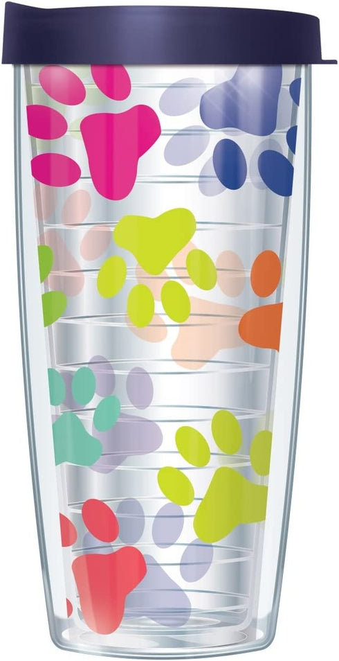 Paw Prints On Clear Wrap Traveler 16 Oz Tumbler Cup with Navy Lid