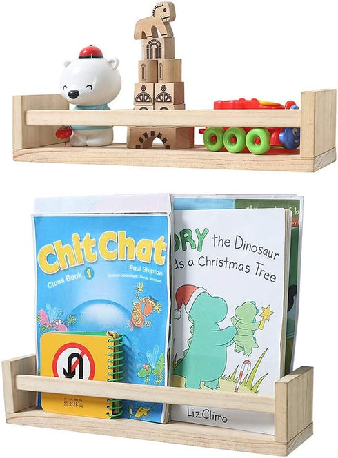 Nursery Bookshelf- Set of 2- Baby Floating Bookshelf or Book Shelf Organizer for Kids Nursery Decor,Wall Shelves for Kitchen Spice Rack,Pine Natural Wood