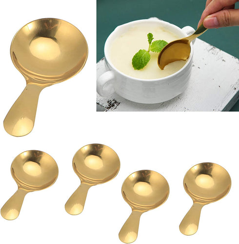 5Pcs Ice Cream Scoop, Mini Stainless Steel Short Handle Spoon for Tea Coffee Dessert Sugar Condiment Kids Eating(Gold)