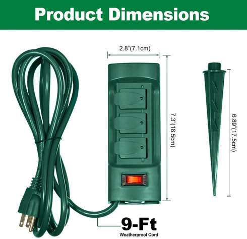 BESTTEN Outdoor Power Strip with Covers and Overload Protection Switch, Double Sided 6-Outlet Yard Power Stake with 9-Foot Long Extension Cord, ETL Certified, Green