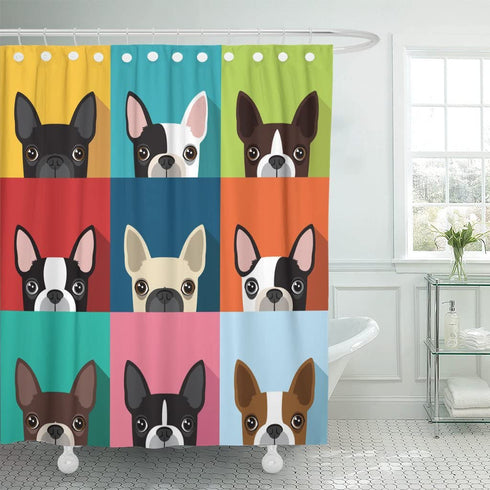 TOMPOP Shower Curtain Brown Fun Terrier Pattern Full Color Flat Human Waterproof Polyester Fabric 72 x 72 inches Set with Hooks