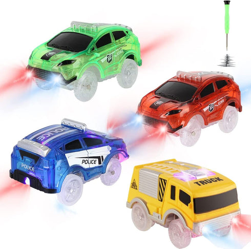 Save Unicorn Tracks Cars Replacement only, Toy Cars for Tracks Glow in The Dark, Car Tracks Accessories with 5 Flashing LED Lights, Compatible with Most Car Tracks for Kids Boys and Girls(4pack)