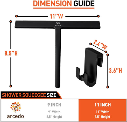 Arcedo Shower Squeegee for Shower Glass Door, 11 Inch Silicone Household Squeegee for Window, Tile, and Car Glass, All Purpose Bathroom Cleaning Tool, Includes Hook, Black
