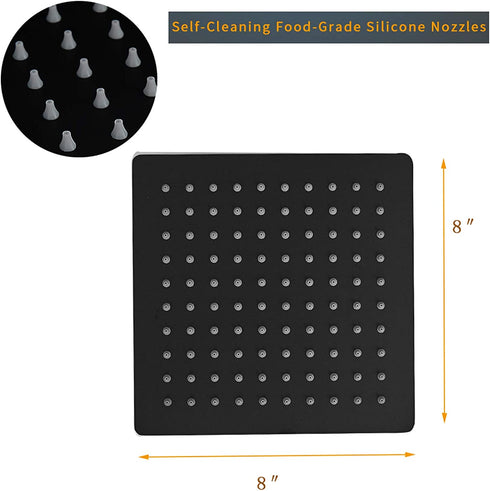 BESy 8 Inch Rain Shower Head, 8" Square Rainfall & High Pressure Stainless Steel Bath Showerhead, 1/16" Ultra Thin, Waterfall Full Body Coverage with Silicone Nozzle, Matte Black Finish