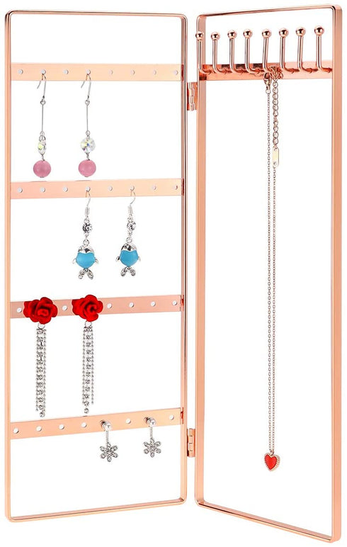 LEORISO 2-Panel Jewelry Organizer, Metal Jewelry Holder, Foldable Jewelry Hanger, Portable Jewelry Display Rack for Earrings, Necklaces & Bracelets (Rose Gold)