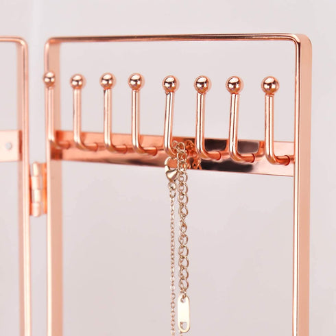 LEORISO 2-Panel Jewelry Organizer, Metal Jewelry Holder, Foldable Jewelry Hanger, Portable Jewelry Display Rack for Earrings, Necklaces & Bracelets (Rose Gold)