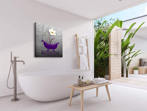 Purple Bath Tray Flowers Home Bathroom Decoration Artwork Modern Decorative Canvas Wall Art for Wall Decor and Framed Ready to Hang 20"x20"