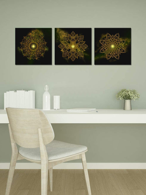 LoveHouse Gold Boho Picture Wall Art Framed Mandala Bohemian Flower Painting Prints on Canvas Artwork Gallery Wrapped for Bathroom Yoga Spa Home Decoration Ready to Hang 12x12inchx3pcs