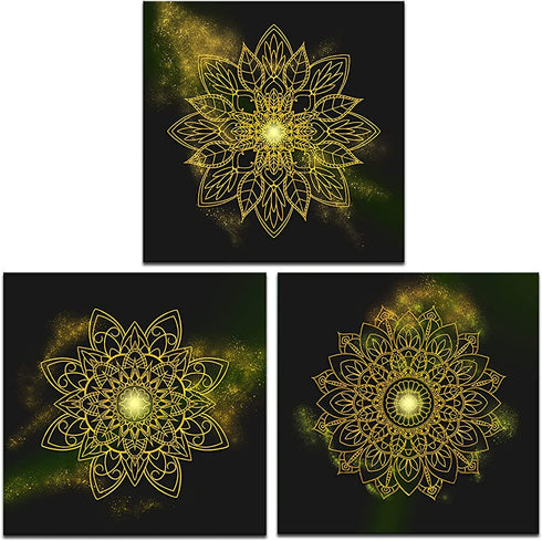 LoveHouse Gold Boho Picture Wall Art Framed Mandala Bohemian Flower Painting Prints on Canvas Artwork Gallery Wrapped for Bathroom Yoga Spa Home Decoration Ready to Hang 12x12inchx3pcs