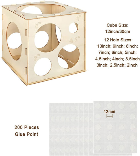 Auihiay 12 Holes Wood Balloon Sizer Cube Box with 200 PCS Balloon Glue Points, Collapsible Balloon Size Measuring Tool for Balloon Garland Balloon Columns Balloon Arches Decorations (2-10 INCH)
